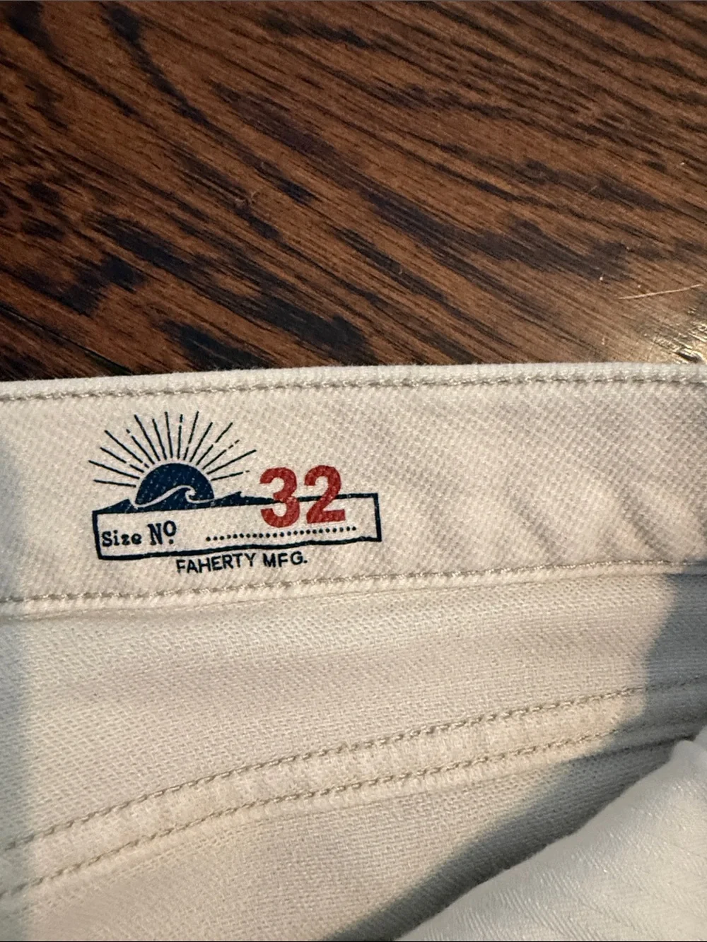 Faherty Cream Jeans with Graphic Waist Label